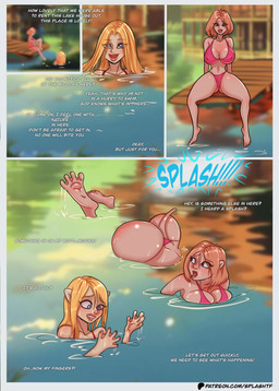 anthro bikini butt clothing duo female female/female paws swimming swimwear text transformation transformation_sequence two-piece_swimsuit splashtf human mammal mustelid otter absurd_res comic english_text hi_res url