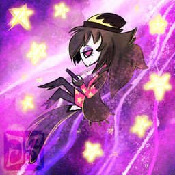 beak beanie black_body black_feathers black_hair chibi clothing electronics eyebrows eyelashes eyeshadow feathers female fingerless_gloves floating gloves hair handwear hat headgear headwear holding_object makeup phone pink_sclera semi-anthro star tail tail_feathers lullawisp hellaverse helluva_boss octavia_(helluva_boss) avian bird demon owl 1:1 hi_res