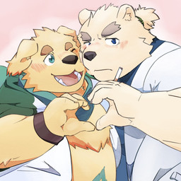 anthro blush cigarette clothing coat collaborative collaborative_gesture collaborative_heart_gesture duo eyebrows fur gesture heart_gesture lab_coat male male/male male_anthro overweight overweight_male scarf smile thick_eyebrows topwear white_body white_fur yellow_body yellow_fur 7numpla lifewonders tokyo_afterschool_summoners cu_sith_(tas) leib_(tas) bear bird_dog canid canine canis domestic_dog golden_retriever hunting_dog mammal polar_bear retriever ursine 1:1 digital_media_(artwork) hi_res