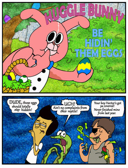 anthro basket black_eye_patch black_eyewear black_hair black_outline black_text blank_stare blue_bow_tie blue_text bow_tie brown_hair container dialogue easter_egg eating eating_eggs eating_food egg eye_patch eyewear food forked_tongue green_body green_scales green_spots group hair holding_basket holding_container holding_egg holding_food holding_object holidays male on_model one_eye_closed open_mouth outline pink_body pink_nose pink_tongue plant purple_text scales shrub speech_bubble spots text tongue tongue_out tree white_speech_bubble yoshi_egg mightyfilm easter nickelodeon sanjay_and_craig craig_(sanjay_and_craig) hector_flanagan huggle_bunny_(sanjay_and_craig) sanjay_patel human lagomorph mammal reptile scalie snake absurd_res comic dialogue_in_description digital_drawing_(artwork) digital_media_(artwork) english_description english_text hi_res