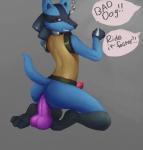 2018 anal anal_masturbation anal_penetration anthro blue_body blue_fur butt canid canine chain collar dar-kuu dildo dildo_sitting erection fur generation_4_pokemon genitals grey_background hi_res looking_back lucario male male_penetrated mammal masturbation nintendo penetration penis pokemon pokemon_(species) red_eyes sex_toy simple_background solo spikes teeth text