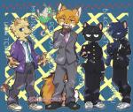 anthro asian_clothing clothed clothing east_asian_clothing gakuran group japanese_clothing japanese_school_uniform necktie school_uniform uniform honzumaruii_(artist) mob_psycho_100 one_(manga) dimple_(mob_psycho_100) reigen_arataka ritsu_kageyama shigeo_kageyama teruki_hanazawa canid canine domestic_cat felid feline felis fox lion mammal mouse murid murine pantherine red_fox rodent true_fox