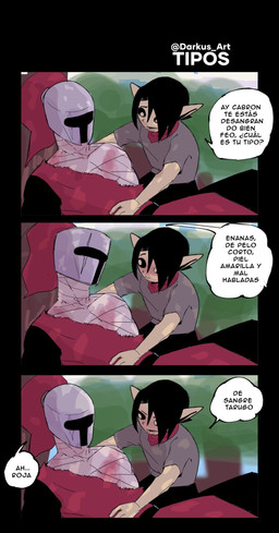 armor bandage bandaged_chest black_border black_sclera blush border clothing duo eye_contact female headgear helmet humanoid_pointy_ears humor knight looking_at_another male pointy_ears red_clothing red_shirt red_topwear red_tunic shirt text topwear tunic warrior darkus_art human humanoid mammal hi_res spanish_text translation_request