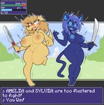 anthro big_breasts biped blush bodily_fluids breasts duo embarrassed female forced forced_exposure gameplay_mechanics genitals melee_weapon nipples nude outdoor_nudity outside pussy sweat sword tail thick_thighs weapon wide_hips nonarycubed amelia_steelheart sylvia_(flatflyer) canid canine canis domestic_cat domestic_dog felid feline felis mammal absurd_res hi_res