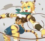 anthro blonde_hair bottomwear clothed clothing female hair kemono open_mouth shorts solo stripes whip raizinndx cygames world_flipper mia_(world_flipper) felid mammal pantherine tiger hi_res