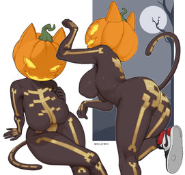 anthro big_breasts big_butt breasts butt clothing crossed_legs female food footwear for_a_head fruit plant pumpkin pumpkin_head shoes side_boob solo thick_thighs wide_hips melowh epic_games fortnite spice_(fortnite) domestic_cat felid feline felis mammal object_head 2025 absurd_res hi_res