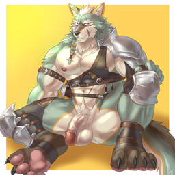 abs anthro armor balls black_nose braided_hair claws facial_scar fantasy feet flaccid fur genitals glans green_body green_fur hair heterochromia humanoid_genitalia kemono looking_at_viewer male melee_weapon midriff mostly_nude multicolored_body multicolored_fur muscular muscular_anthro muscular_male nipples pawpads paws pecs penis scar scars_all_over simple_background sitting solo spread_legs spreading sword toe_claws weapon white_body white_fur weedwolf rorik_(rossciaco) canid canine canis mammal wolf 1:1
