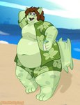 anthro beach belly big_belly blue_body blush brown_hair clothing container cup drinking eyewear glasses green_body hair holding_container holding_cup holding_object male mastectomy_scar obese overweight scar sea shy solo standing swimming_trunks swimwear tail thick_tail three-quarter_view water fairaarts cera_(nibblyknuckles) fish marine shark digital_media_(artwork) full-length_portrait hi_res portrait trans_(lore) trans_man_(lore)