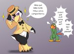 angry anthro blush bow_tie clothing clothing_theft covering covering_crotch covering_self duo hat headgear headwear male nude stealing text miau disney the_three_caballeros jose_carioca levi_(miau) avian bird parrot penguin hi_res portuguese_text translated