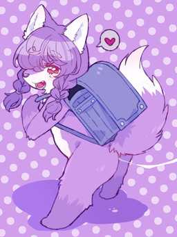 after_sex anthro backpack bodily_fluids braided_hair butt cum cum_drop cum_inside cum_string dotted_background eyebrow_through_hair eyebrows female female_anthro fur genital_fluids hair heart_symbol kemono leaning leaning_forward loli looking_aside nude offscreen_character offscreen_male open_mouth open_smile pattern_background purple_body purple_fur purple_hair raised_tail randoseru red_eyes shadow simple_background smile solo standing tail translucent translucent_hair young young_anthro young_female dangan canid canine fox mammal 3:4