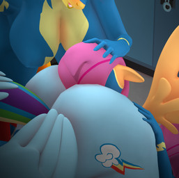 animal_ears anthro anthrofied bent_over big_breasts big_butt blue_body blue_clothing breasts butt clothed clothing cutie_mark detailed_background faceless_character feathered_wings feathers female group huge_butt inside locker_room nude oral orange_body stinkface tail trio wings yellow_body purplefondue friendship_is_magic hasbro my_little_pony mythology rainbow_dash_(mlp) scootaloo_(mlp) spitfire_(mlp) wonderbolts_(mlp) equid equine mammal mythological_creature mythological_equine pegasus 3d_(artwork) digital_media_(artwork) hi_res