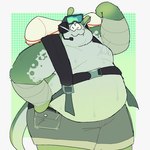 :3 anthro belly bottomwear clothing eyewear goggles grey_body harness male moobs overweight shorts smile solo swatch_txt nintendo splatoon big_man_(splatoon) fish manta_ray marine ray_(fish) stingray hi_res