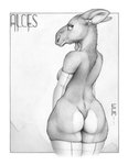 anthro armwear avian_caruncle big_butt breasts butt clothing dewlap_(anatomy) ear_piercing ear_ring elbow_gloves female gloves handwear leggings legwear looking_at_viewer looking_back mostly_nude piercing ring_piercing short_tail skindentation smile solo standing tail thigh_highs tight_clothing wattle ecmajor deer mammal moose new_world_deer 2019 greyscale hi_res monochrome sketch traditional_media_(artwork)