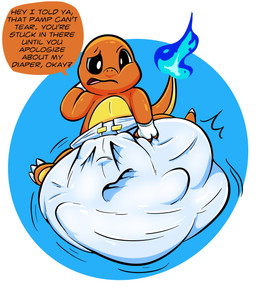 ambiguous_gender anthro big_diaper clean_diaper clothed clothed_anthro clothed_male clothing dialogue diaper diaper_stuffing duo fire hand_behind_head huge_diaper inside_clothing inside_diaper male male_anthro motion_lines question_mark speech_bubble struggling text trapped trapped_in_clothing wearing_diaper tepigfan101 nintendo pokemon coal_the_charmander charmander generation_1_pokemon pokemon_(species) digital_media_(artwork) english_text hi_res source_request unavailable_at_source