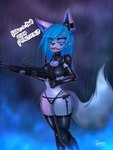 anthro breasts clothing female glistening glistening_clothing gloves gun handwear latex legwear military panties ranged_weapon shell_(projectile) shotgun shotgun_shell shoulder_pads simple_background solo text thigh_highs underwear weapon wet gamermac raechel_jagger arctic_fox canid canine fox mammal true_fox 3:4 absurd_res hi_res