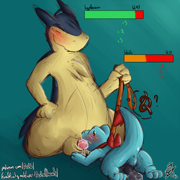 animal_genitalia anthro anus balls black_penis blush collar competition dominant dominant_male duo erection eyes_closed fellatio gameplay_mechanics genital_slit genitals grin gui health_bar kneeling knot larger_dom leash male male/male nude oral penile penis scales semi-anthro sex sexual_competition sexual_fight sheath simple_background size_difference smile submissive submissive_male tapering_penis asbel_lhant conditional_dnp nintendo pokemon generation_2_pokemon pokemon_(species) totodile typhlosion 1:1 2017 hi_res