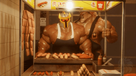 anthro apron apron_only armor barazoku black_apron black_clothing brown_body brown_fur clothing condiment condiment_bottle deltoids duo ear_piercing ear_ring facial_hair food food_stall fur goatee grill grilling hair headgear helmet hot_dog hot_dog_bun logo male male/male muscular muscular_anthro muscular_arms muscular_human muscular_male napkin nipple_piercing nipple_ring nipples outside pecs piercing red_eyes ring_piercing text vein veiny_muscles white_hair sunkevin5885 xxl_woofia beernox dallawan bovid bovine cattle human mammal 2025 3d_(artwork) 3d_animation animated artist_logo better_version_at_source chinese_text digital_media_(artwork) loop watermark