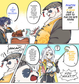 anthro asian_conical_hat belly blue_hair blush bracelet clothing dialogue eyewear female fur glasses group hair hat headgear headwear humor jewelry male multicolored_body multicolored_fur overweight pawpads spiked_bracelet spikes text trio white_hair bshiro12 mihoyo zenless_zone_zero belle_(zenless_zone_zero) pan_yinhu yi_xuan bear giant_panda human mammal 2025 comic english_text