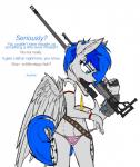 anthro anthrofied blue_eyes blue_hair clothed clothing dialogue feathered_wings feathers female glowstick gun hair humor navel panties pip-boy pose profanity pun ranged_weapon rifle skimpy solo text thong underwear weapon wings ralek fallout hasbro microsoft my_little_pony mythology fan_character sapphire_(ralek) equid equine mammal mythological_creature mythological_equine pegasus 2014 crossover english_text hi_res