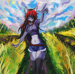 alternative_fashion anthro band_shirt belt biped bottomwear chin_piercing clothing cloud collar countershading detailed_background ear_piercing emo female female_anthro grass happy highlights_(coloring) jewelry legwear navel necklace piercing plant railway_track red_highlights shorts slim_anthro smile solo spiked_collar spikes sun thigh_highs ghwostpawz suicide_silence gray_(ghwostpawz) domestic_cat felid feline felis mammal 2024 2025 digital_media_(artwork) digital_painting_(artwork) hi_res painting_(artwork) portrait three-quarter_portrait nonbinary_(lore)