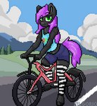 anthro anthrofied bicycle black_body black_fur bottomwear clothing cycling denim denim_bottomwear denim_clothing denim_shorts detailed_background femboy footwear fur green_eyes hair legwear looking_at_viewer male pattern_clothing pattern_footwear pattern_legwear pattern_socks plant purple_hair road shorts socks solo striped_clothing striped_footwear striped_socks stripes thigh_highs tree vehicle kilgorio hasbro my_little_pony fan_character lucy_violetmane earth_pony equid equine horse mammal pony digital_media_(artwork) full-length_portrait hi_res pixel_(artwork) portrait signature