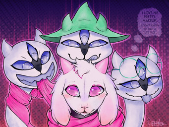 3_eyes 3_heads anthro blue_blush blue_eyes blue_tongue blush blush_lines closed_smile clothing dotted_background duo eyebrows eyeshadow eyewear eyewear_on_head female fur glasses glasses_on_head gradient_background green_clothing green_eyewear green_glasses green_hat green_headwear hair hat headgear headwear heart_symbol horn licking licking_lips long_neck long_scarf looking_away looking_down makeup male male/female mouth_closed multi_eye multi_head open_mouth pattern_background pink_body pink_eyes pink_eyeshadow pink_fur pink_scarf pupils round_glasses scarf shy simple_background smile snout text thought_bubble tongue tongue_out white_body white_fur white_hair white_pupils wizard_hat nxisnash deltarune european_mythology greek_mythology mythology undertale_(series) clover_(deltarune) ralsei bovid caprine goat hydra mammal english_text hi_res signature widescreen