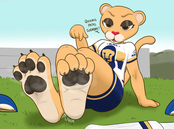 4_toes 5_fingers anthro barefoot bedroom_eyes black_pawpads bodily_fluids brown_eyes claws clothed clothed_anthro clothed_female clothing crossed_legs curling_toes feet female fingers foot_focus football_field football_gear footwear fur grass lightened_soles looking_at_viewer mascot musk narrowed_eyes orange_body orange_fur pawpads paws plant red_nose seductive shoes soccer_uniform socks soles solo sportswear sweat sweatdrop sweaty_feet talking_to_viewer text toe_claws toes uniform wrinkled_feet wrinkles mr_fuwa club_universidad_nacional dhl liga_mx goya_(pumas_unam) felid feline lion mammal pantherine absurd_res hi_res spanish_text translated
