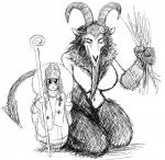 anthro big_breasts black_and_white bovid breasts caprine caprine_demon christianity christmas clothing costume demon duo featureless_breasts female goat goat_demon halo hi_res hladilnik holidays horn krampus larger_female long_tongue lucy_(hladilnik) male mammal monochrome navel pope religion size_difference smaller_male smile spade_tail staff tail tommy_(hladilnik) tongue tongue_out