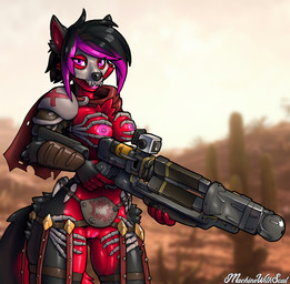 anthro areola armor biped black_body black_fur black_hair black_nose bone bone_mask breasts cape cheek_tuft chest_tuft clothing countershade_face countershade_torso countershading day facial_tuft female front_view fur genitals gun hair highlights_(coloring) holding_gun holding_object holding_ranged_weapon holding_weapon humanoid_genitalia humanoid_vulva looking_at_viewer mask medium_breasts mostly_nude nipples outside pink_eyes pink_highlights ranged_weapon red_body red_countershading red_fur short_hair shoulder_guards skull skull_mask solo standing tuft unconvincing_armor vulva weapon machinewithsoul fallout microsoft requiemwolfy canid canine canis mammal wolf 2026 hi_res