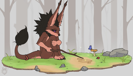 anthro black_body black_fur black_hair black_nose black_sclera brown_body brown_fur brown_pawpads cheek_tuft claws ear_tuft facial_tuft fungus fur grass grey_background hair holding_object holding_stick hugging_legs inner_ear_fluff logo long_ears looking_down male multicolored_body mushroom neck_tuft pawpads paws plant purple_eyes rock simple_background sitting solo stick tail tail_tuft tuft two_tone_body wolfarion wolfarion_(character) arthropod beetle butterfly canid canine canis centipede cucujoid demon fly_(animal) hybrid insect ladybug lepidopteran mammal myriapod wolf 2026 artist_logo colored dated hi_res