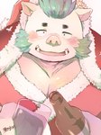 alcohol anthro beer beverage blue_hair blush body_hair bottle chest_hair christmas_clothing clothing container hair holidays looking_at_viewer male pecs pouring solo tusks hijirinoyuta christmas lifewonders tokyo_afterschool_summoners ganglie_(tas) mammal suid suina sus_(pig) wild_boar hi_res