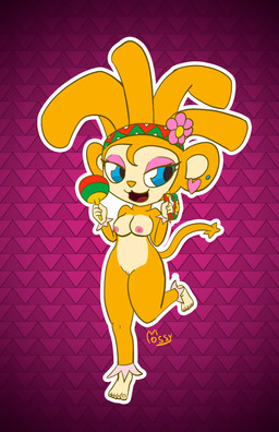 accessory anthro big_breasts biped blue_eyes breasts ear_piercing eyelashes feet female flower flower_in_hair fur hair hair_accessory kerchief maraca musical_instrument navel nude nude_female orange_body orange_fur percussion_instrument piercing plant pose solo tail mossycl amiga haplorhine mammal monkey primate absurd_res hi_res