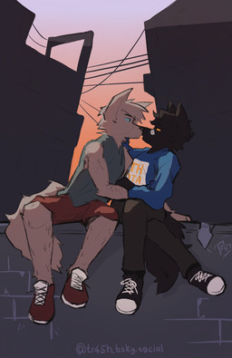 anthro anthro_on_anthro bottomwear building city city_background clothed clothed_anthro clothed_male clothing crossed_legs duo eye_contact feet footwear front_view fully_clothed fully_clothed_anthro fully_clothed_male leaning_on_another looking_at_another looking_at_partner male male/male male_anthro narrowed_eyes nose_to_nose open_mouth outside pants plantigrade romantic romantic_couple shirt shoelaces shoes shorts sitting sitting_on_wall sky sneakers snout sunset tail tank_top text text_on_clothing text_on_shirt text_on_topwear topwear wall_(structure) keyhele canid canine canis domestic_dog mammal hi_res