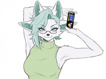4_ears advertisement anthro blue_eyes blue_hair clothing eyewear female fur glasses green_clothing hair multi_ear pose simple_background solo white_body white_fur eneki_sei canid canine fox mammal