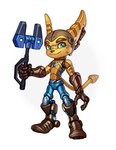 anthro eyebrows glistening glistening_body green_eyes looking_at_viewer machine male omniwrench solo tail tail_tuft tuft yellow_body lordyanyu ratchet_and_clank sony_corporation sony_interactive_entertainment ratchet_(ratchet_and_clank) lombax mammal robot 2025