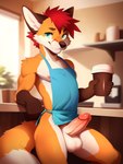 anthro apron aroused athletic athletic_male balls beverage blue_apron blue_clothing blue_eyes brown_body brown_fur clothed clothing coffee coffee_shop denim detailed_background detailed_eyes erection femboy fur genitals hair holding_coffee_mug humanoid_genitalia humanoid_penis looking_at_viewer male morning penis red_hair skimpy smug_face solo standing two_color_fur white_body white_fur yellow_body yakukage canid canine fox mammal 3:4 absurd_res detailed hi_res