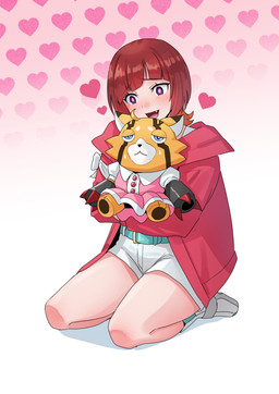 anthro blush bottomwear clothing cybernetics dress duo female fur hair heart_symbol hug kneeling machine orange_body orange_fur red_hair shorts hase_popopo bandai_namco digimon digimon_beatbreak reina_sakuya cyborg digimon_(species) human mammal pristimon absurd_res hi_res