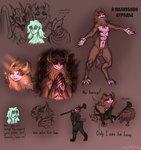 6_breasts ambiguous_gender animal_genitalia anthro armor bodily_fluids breasts brown_body brown_fur butt claws crying female feral fur genitals green_body group gynomorph horn intersex leather leather_armor mane melee_weapon multi_breast multi_nipple navel nipples pink_body pink_skin polearm presenting red_eyes sheath sinister_smile sitting smile solo_focus soul sparkles staff standing tears text weapon taraelblackwing animan_studios axel_in_harlem bonk_(meme) chad_(meme) i_put_the_new_forgis_on_the_jeep me_and_the_boys mythology shrazda_(taraelblackwing) canid canid_demon canine demon ghost hellhound humanoid mammal mythological_canine mythological_creature spirit english_text hi_res meme russian_text sketch_page translated