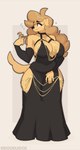 amelia_steelheart anthro big_breasts biped black_clothing black_dress blonde_hair breasts canid canine canis cleavage clothed clothing domestic_dog doodledox dress female hair hi_res hollow_hip_backless_chain_dress mammal solo thick_thighs yellow_body