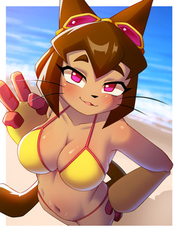 anthro bikini biped black_nose blush bottomwear breasts cleavage clothed clothing detailed_background eyebrows female fingers fur looking_at_viewer navel open_mouth pink_eyes solo swimwear tail tongue two-piece_swimsuit whiskers katsurou gameoverse glitch_productions kit_bodega domestic_cat felid feline felis mammal absurd_res hi_res