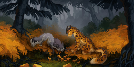 blue_eyes day detailed_background duo feral fluffy fluffy_tail forest fungus fur grass markings mushroom neck_tuft outside plant quadruped spots spotted_body spotted_fur tail tree tuft hioshiru hioshiru_(character) leo_(amur_leo) canid canine enfield felid hybrid leopard mammal pantherine 2021 digital_media_(artwork) hi_res