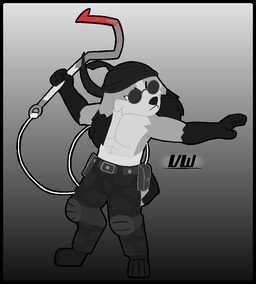 abs action_pose angry anthro bandage belt black_arm black_body black_fur black_leg black_markings blood blood_on_object blood_on_weapon bodily_fluids bottomwear cargo_pants cheek_tuft clothed clothing durag eyewear facial_tuft feet floppy_ears fluffy fluffy_tail fur grappling_hook grey_body grey_fur grey_skin hat head_wrap headgear headwear hindpaw holding_melee_weapon holding_object holding_weapon hook knee_pads long_ears male markings melee_weapon multicolored_body multicolored_fur muscular muscular_anthro muscular_male pants paws pose pouches round_goggles scut_tail shirtless short_tail simple_background solo sunglasses tail text topless tuft utility_belt weapon white_body neverd atlyss madness_combat sanford_(madness_combat) lagomorph leporid mammal poon_(atlyss) rabbit crossover digital_media_(artwork) hi_res signature tagme