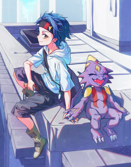 accessory anthro bottomwear claws clothing duo eyes_closed hand_holding headband male purple_body purple_scales scales shorts sitting wings yellow_eyes seru_021 bandai_namco digimon digimon_beatbreak raito_souda digimon_(species) human mammal monodramon scalie absurd_res hi_res