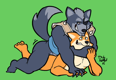 5_toes anal anal_penetration anthro anthro_on_anthro bite biting_lip biting_own_lip black_body black_fur bottomless chokehold clenched_teeth clothed clothing duo eye_patch eyewear feet from_behind_position fur green_background green_eyes headlock hindpaw humanoid_feet lips looking_down lying male male/male male_on_bottom male_on_top male_penetrated male_penetrating male_penetrating_male muscular muscular_male nude on_bottom on_front on_top orange_body orange_fur paws penetration plantigrade prone_bone_position self_bite sex simple_background smile soles speed_bump_position tan_body tan_fur teeth toes duly_noted nintendo star_fox fox_mccloud wolf_o'donnell canid canine canis fox mammal wolf 2015 2016 digital_media_(artwork)