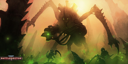 ambiguous_gender claws exoskeleton extreme_size_difference glowing glowing_eyes group gun holding_gun holding_object holding_ranged_weapon holding_weapon horn logo macro outside ranged_weapon sharp_teeth size_difference smoke standing tail teeth weapon brent_minehan warhammer_(franchise) warhammer_40000 warhammer_40000:_battlesector alien hormagaunt tyranid tyrannofex 2023 digital_media_(artwork) hi_res official_art