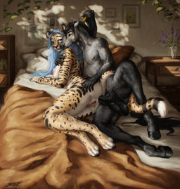 anal anal_penetration anthro balls bed big_breasts black_balls black_body black_fur black_hair black_penis blue_eyes blue_hair bodily_fluids breasts duo facial_spots female female_anthro female_penetrated fur furniture genital_fluids genitals grey_body grey_fur hair humanoid_genitalia humanoid_vulva long_hair lying male male/female male_anthro male_penetrating male_penetrating_female mouth_closed narrowed_eyes nipples nude on_bed on_side open_mouth penetration penile penile_penetration penis penis_in_ass pink_nipples sex spotted_arms spotted_face spotted_legs spread_legs spreading striped_arms vaginal_fluids vulva white_body white_fur yellow_body yellow_eyes yellow_fur scarlanya equid equine felid horse mammal absurd_res hi_res huge_filesize signature