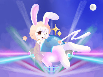 anthro blue_background bodily_fluids clothed clothing cum cumshot ejaculation femboy forcefield genital_fluids genitals hair hoodie lights looking_at_viewer male moon one_eye_closed open_mouth open_smile outside penis pink_penis simple_background sky smile solo sparkles topwear ufo white_body white_hair wink bunnywaffle lagomorph leporid mammal rabbit hi_res