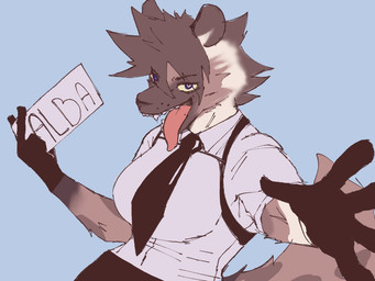 anthro big_breasts black_body black_clothing black_fur black_gloves black_handwear blue_background breasts brown_body brown_fur clothing fangs female fur gloves handwear holding_object holding_sign looking_at_viewer pose raised_tail shirt sign simple_background solo tail teeth text tongue tongue_out topwear white_clothing white_shirt white_topwear darkus_art hyena mammal character_name