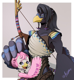 age_difference anthro beak black_body black_feathers border bow_(weapon) clothed clothed_anthro clothed_female clothed_male clothing duo feathers female grey_background hand_on_head larger_male looking_at_viewer male older_male open_beak open_mouth pink_body pink_feathers ranged_weapon simple_background size_difference smaller_female smile three-quarter_view weapon white_border winged_arms wings young young_anthro young_female younger_female arijuno breath_of_the_wild nintendo the_legend_of_zelda harth_(tloz) molli_(tloz) avian rito 2019 half-length_portrait portrait daughter_(lore) father_(lore) father_and_child_(lore) father_and_daughter_(lore) parent_(lore) parent_and_child_(lore) parent_and_daughter_(lore)