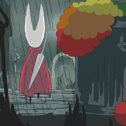ambiguous_gender anthro black_body black_legs brick clothed clothing clown_costume clown_nose clown_wig grass plant raining rear_view red_clothing solo weapon white_head uname9908 hollow_knight_(franchise) team_cherry hornet_(hollow_knight) arthropod 1:1 2025